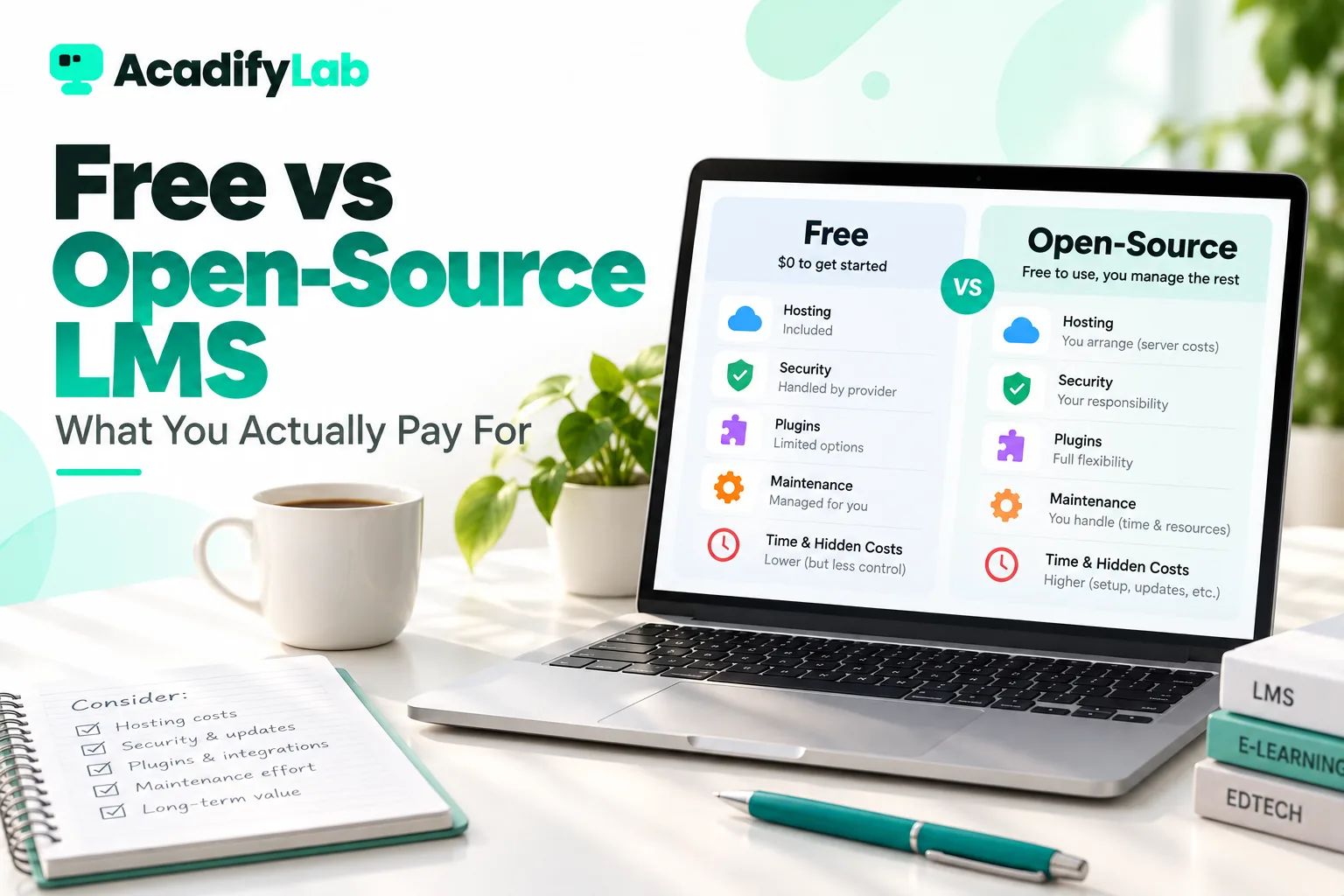 Laptop comparing a free LMS and an open-source LMS on hosting, security, plugins and hidden costs