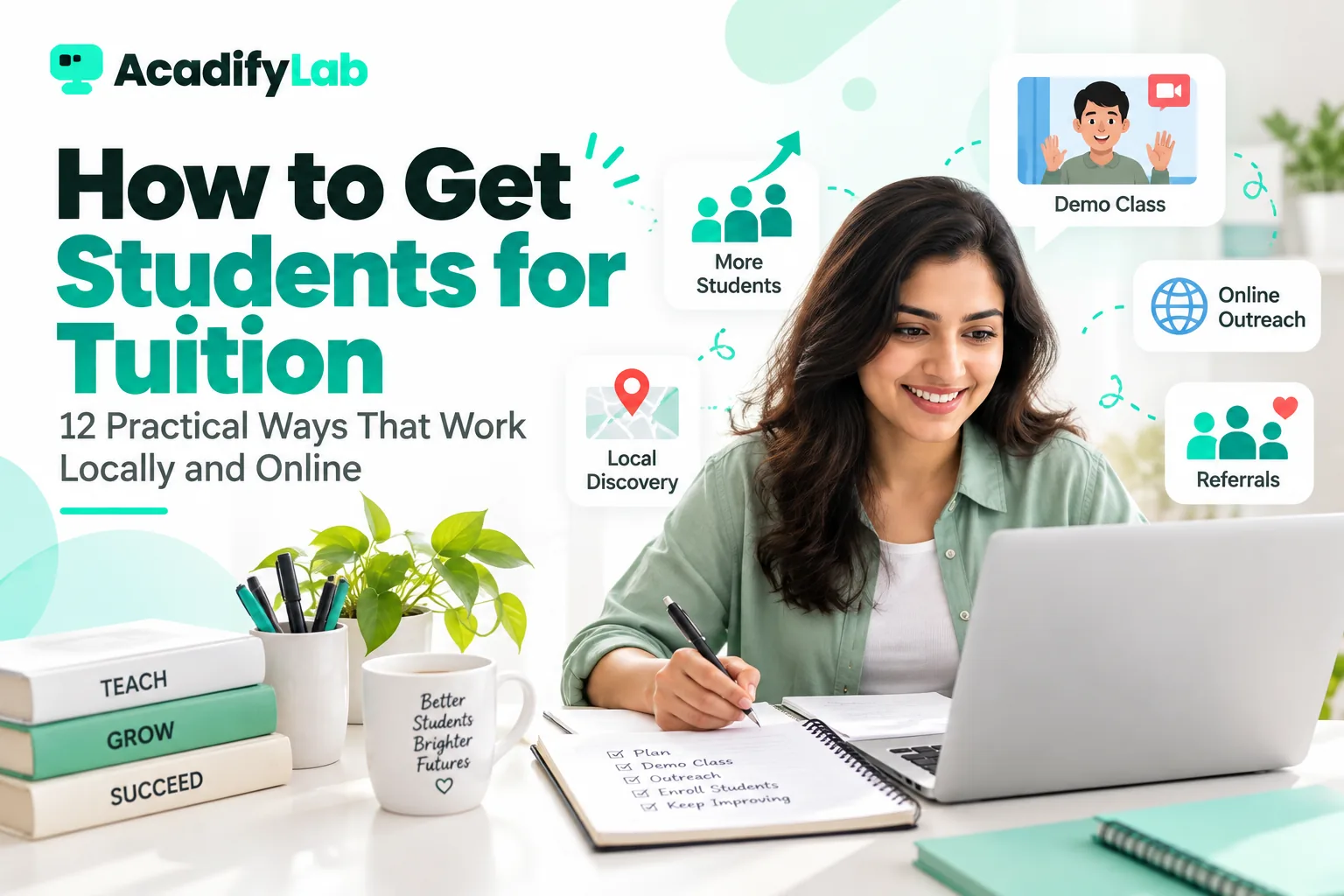 Tutor planning ways to get students for tuition: demo class, referrals, local and online outreach