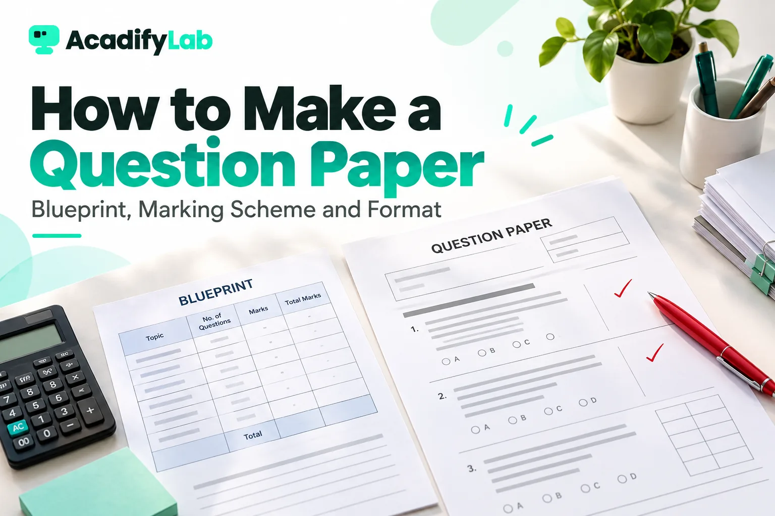 Question paper with a blueprint table, marking scheme and red pen on a teacher's desk