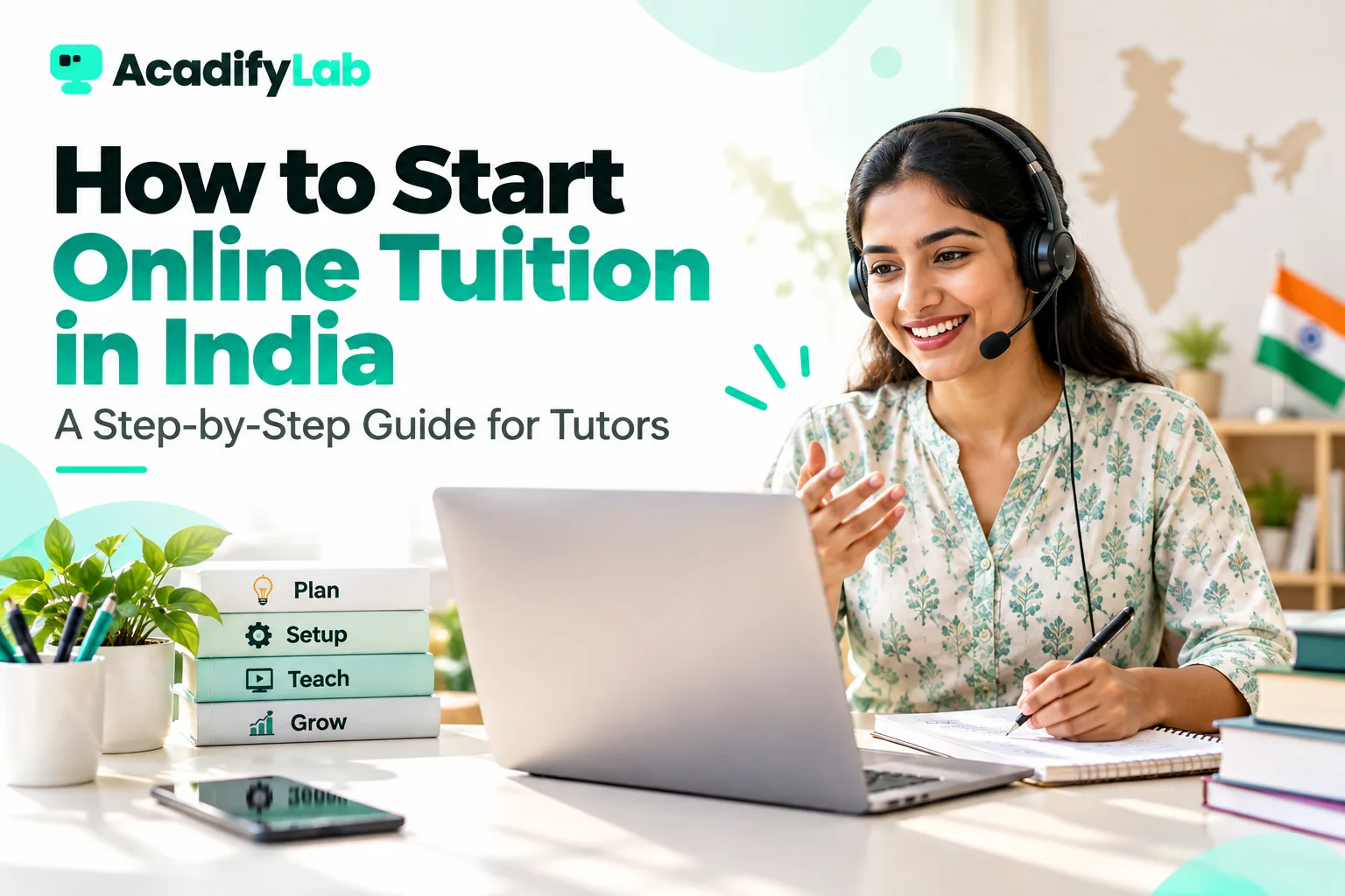Indian tutor with a headset teaching an online tuition class on a laptop