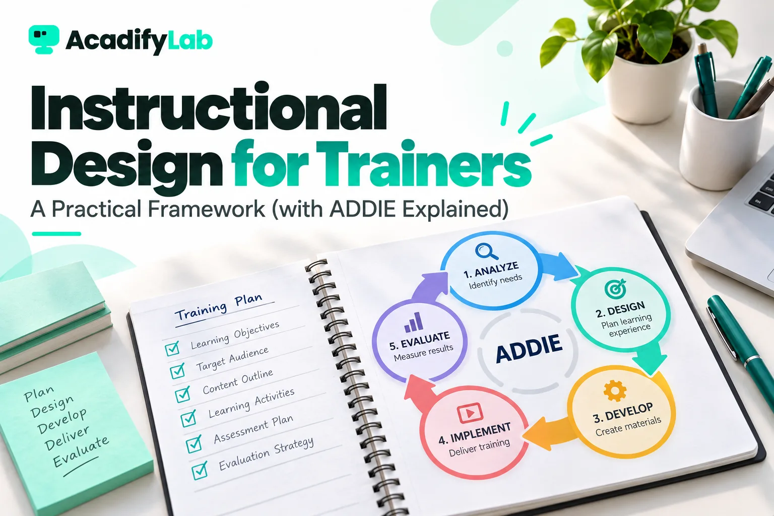 Training plan notebook showing the ADDIE instructional design cycle