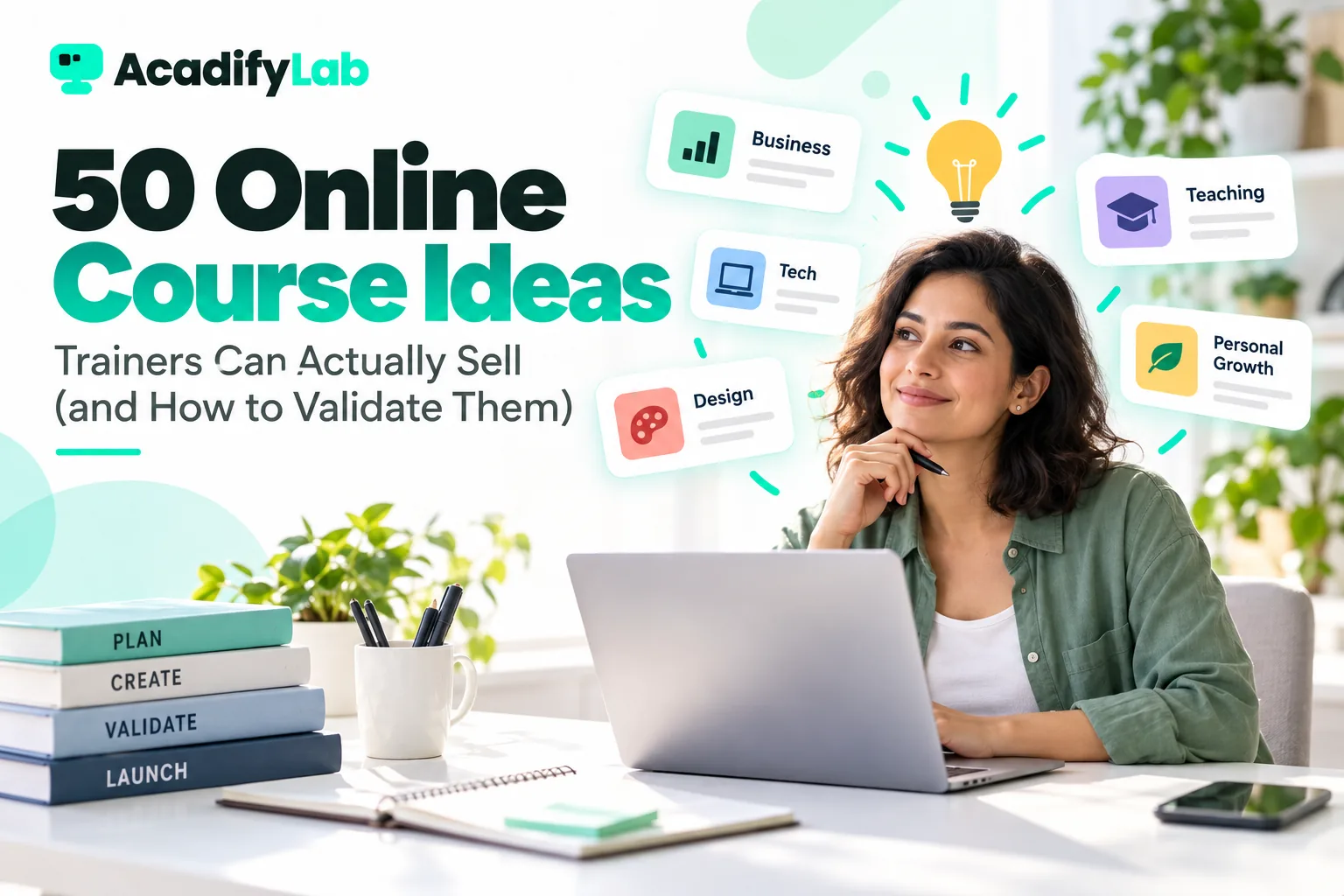 Trainer brainstorming online course ideas across business, tech, design and teaching
