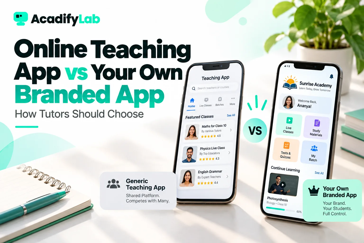 Generic online teaching app beside a tutor's own branded academy app on two phones