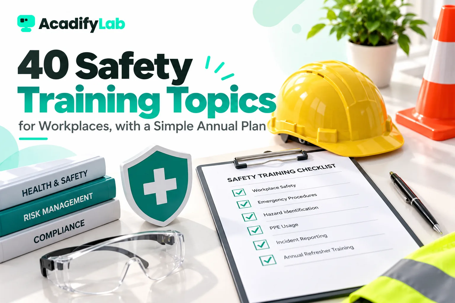 Safety training checklist with hard hat, safety glasses and hi-vis vest for workplace training topics
